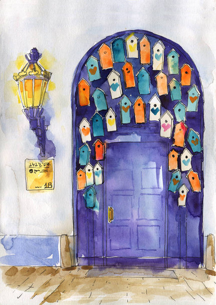 Puerta decorada pajarera calle lámpara boceto acuarela
 - Foto, imagen