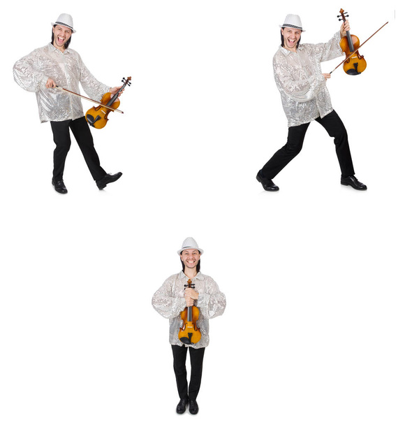 若い男が白で隔離バイオリンの演奏  - 写真・画像