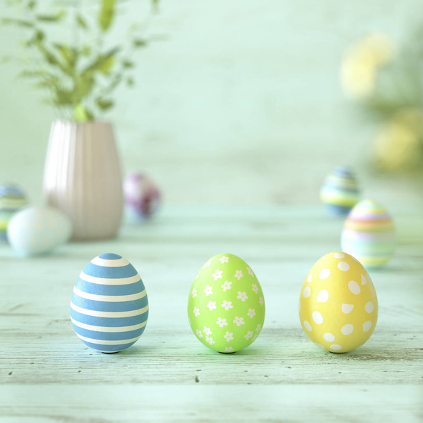 Három színes húsvéti tojást a zöld fa - Fotó, kép