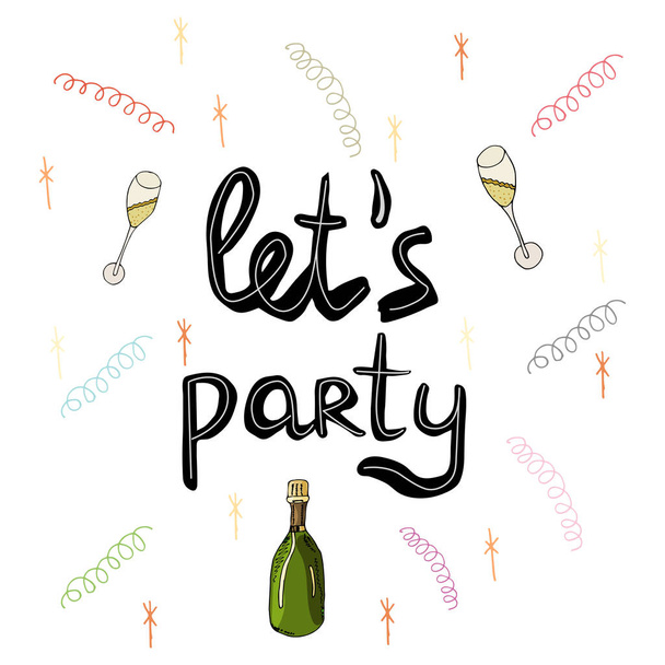 Let s party hand lettering with champagne.  - Vector, Imagen