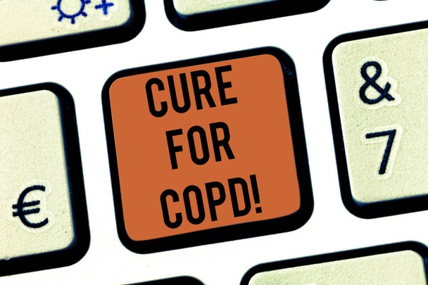 Text sign showing Cure For Copd. Conceptual photo Medical treatment over Chronic Obstructive Pulmonary Disease Keyboard key Intention to create computer message pressing keypad idea. - Photo, Image