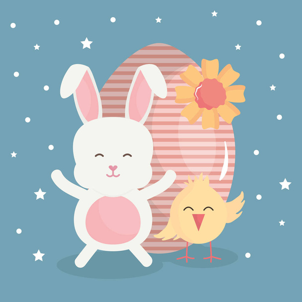 cute rabbit with easter egg painted and chick - Vector, Image
