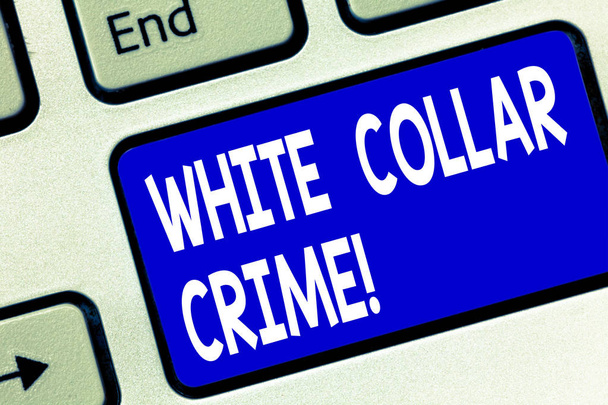 Writing note showing White Collar Crime. Business photo showcasing refers financially motivated nonviolent crime by business Keyboard key Intention to create computer message pressing keypad idea. - Photo, Image