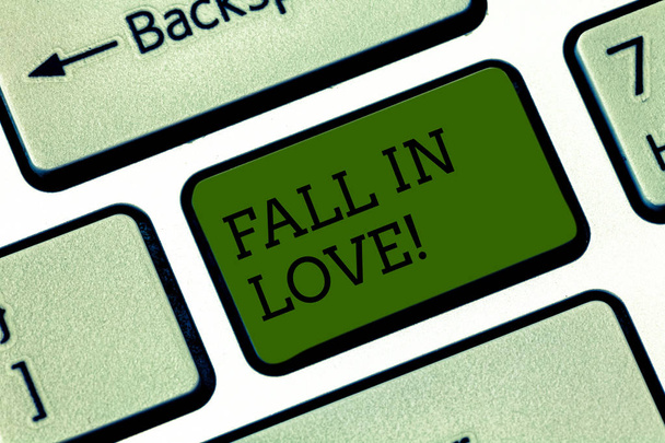 Text sign showing Fall In Love. Conceptual photo Feeling loving emotions about someone else Roanalysisce Happiness Keyboard key Intention to create computer message pressing keypad idea. - Photo, Image