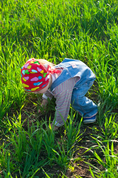 baby in the bandana on all fours in the field - Photo, Image