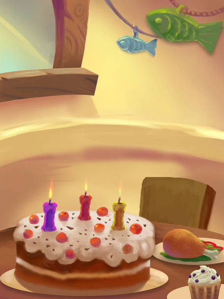 pohled na narozeninový dort na stole v místnosti ilustrace - Fotografie, Obrázek