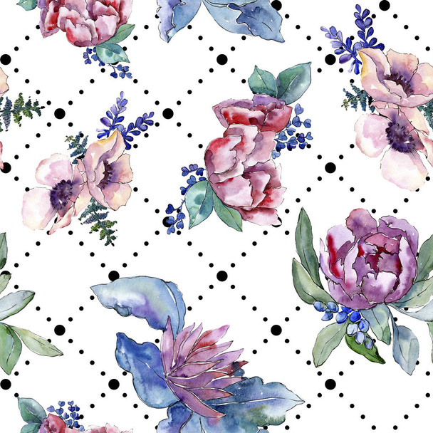 Purple bouquet floral botanical flower. Watercolor background illustration set. Seamless background pattern. - Foto, imagen
