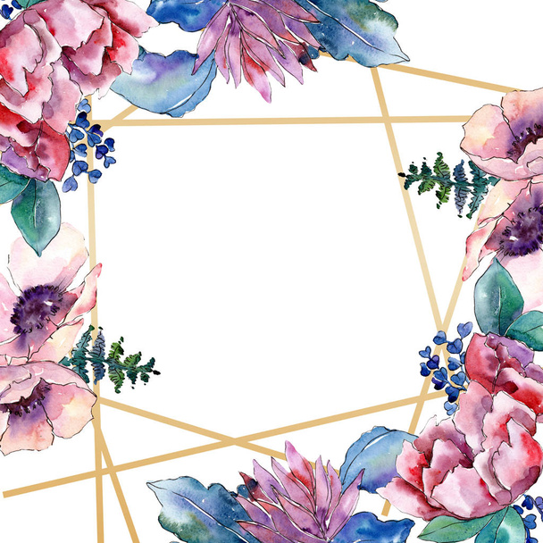 Buquê roxo flor botânica floral. Conjunto de ilustração de fundo aquarela. Quadro borda ornamento quadrado
. - Foto, Imagem