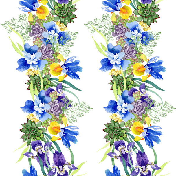 Blue irises bouquet floral botanical flowers. Watercolor background illustration set. Seamless background pattern. - 写真・画像