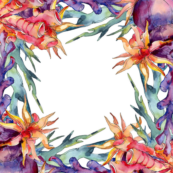 Colorful aquatic underwater nature coral reef. Watercolor background illustration set. Frame border ornament square. - Φωτογραφία, εικόνα