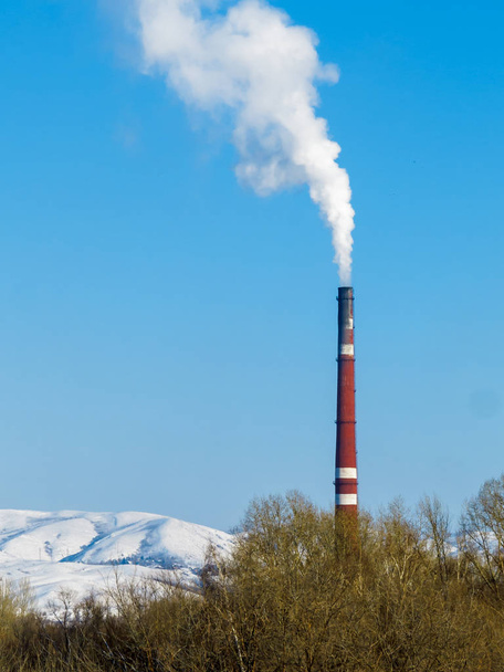 Grueso humo blanco sale de la tubería roja de la fábrica contra un cielo azul claro, montañas nevadas y copas de árboles
. - Foto, imagen