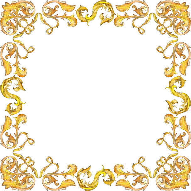 ゴールド ・ モノグラムの花飾り。水彩画背景イラスト セット。フレーム枠飾りスクエア. - 写真・画像