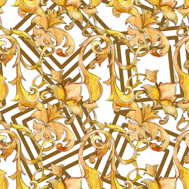 Adorno floral monograma dorado. Conjunto de ilustración de fondo acuarela. Patrón de fondo sin costuras
. - Foto, Imagen