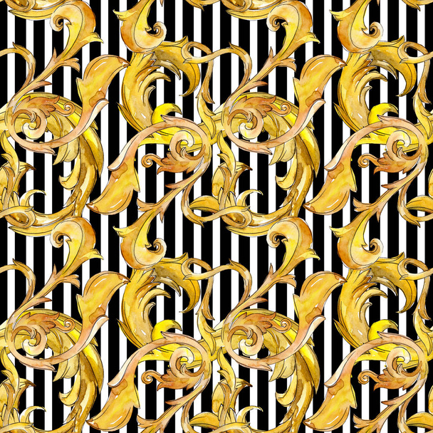 Χρυσό μονόγραμμα floral στολίδι. Ακουαρέλα φόντο εικόνα σύνολο. Απρόσκοπτη υπόβαθρο μοτίβο. - Φωτογραφία, εικόνα