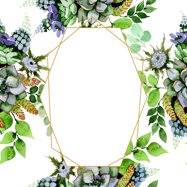 Sappig boeket bloemen botanische bloemen. Aquarel achtergrond afbeelding instellen. Frame grens ornament vierkant. - Foto, afbeelding