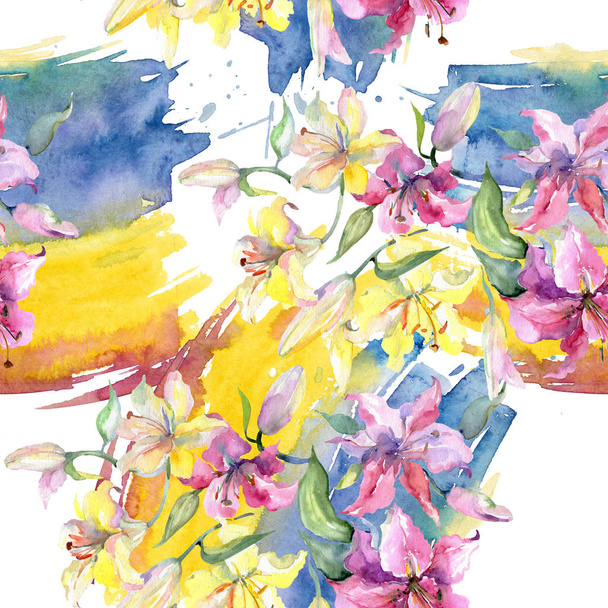 gelbe und violette Lilien mit botanischen Blüten. Aquarell Hintergrundillustration Set. nahtloses Hintergrundmuster. - Foto, Bild