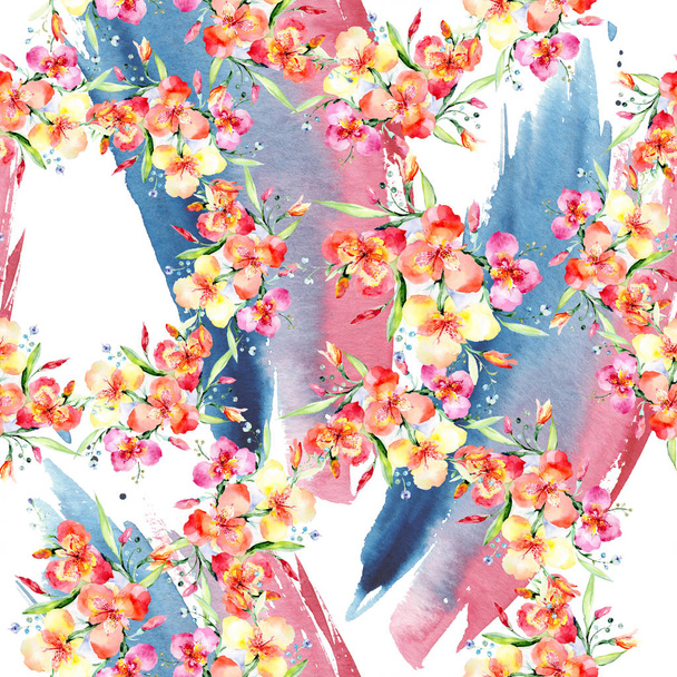 Laranja violas buquê flores botânicas florais. Conjunto de ilustração de fundo aquarela. Padrão de fundo sem costura
. - Foto, Imagem