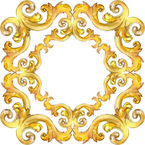 Gold monogram floral ornament. Watercolor background illustration set. Frame border ornament square. - 写真・画像