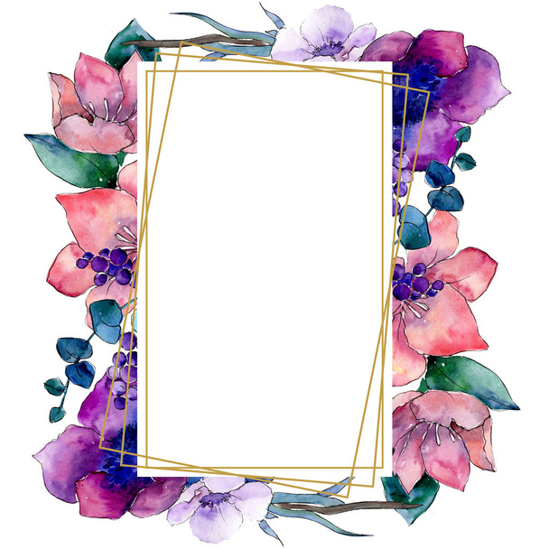 Bouquet floral botanical flowers. Watercolor background illustration set. Frame border crystal ornament square. - Zdjęcie, obraz
