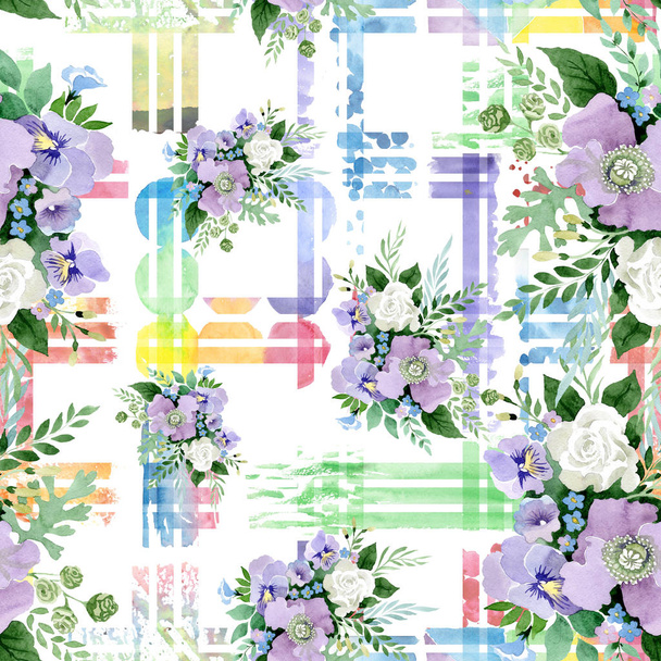 Violet bouquet floral botanical flowers. Watercolor background illustration set. Seamless background pattern. - Photo, image