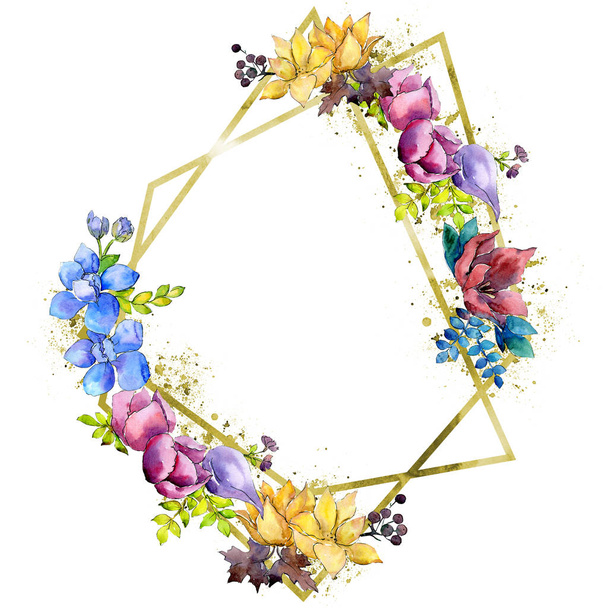 Bouquet composition botanical flowers. Watercolor background illustration set. Frame border crystal ornament square. - Fotografie, Obrázek