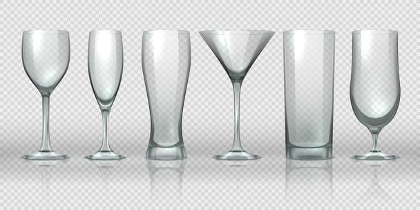 Copas de vidrio. Vasos transparentes vacíos y maquetas de copa, pinta de oso 3D realista y cristalería de cóctel. Vector taza de vidrio
 - Vector, imagen