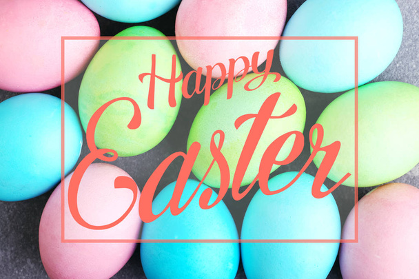 Colored eggs, pattern for Easter backgruond. Text, happy easter. - Photo, Image