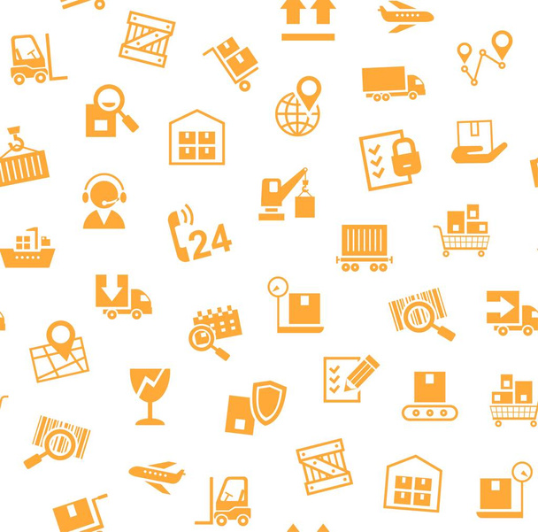 Cargo delivery, seamless pattern, white, orange, vector. Cargo transportation and delivery of goods. Orange icons on white background. Vector flat seamless pattern.  - Vektori, kuva
