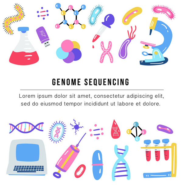 Hand getekende genoom sequencing concept. Menselijke dna onderzoek technologie symbolen. - Vector, afbeelding