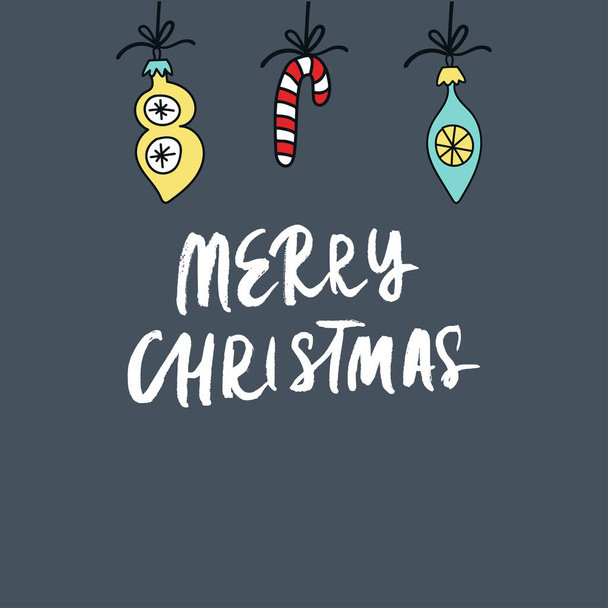 Новогодняя открытка с начертанными буквами и рождественскими украшениями. Векторная иллюстрация
. - Фото, изображение