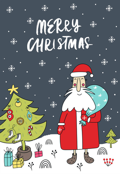 Neujahrsabbildung - Weihnachtsmann mit Geschenk in der Nähe des Weihnachtsbaums mit handgezeichnetem Schriftzug. - Foto, Bild