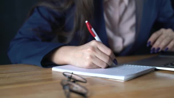 Το κορίτσι του επιχειρηματία ετοιμάζεται να γράψει τις σημαντικές πληροφορίες σε ένα σημειωματάριο - Πλάνα, βίντεο
