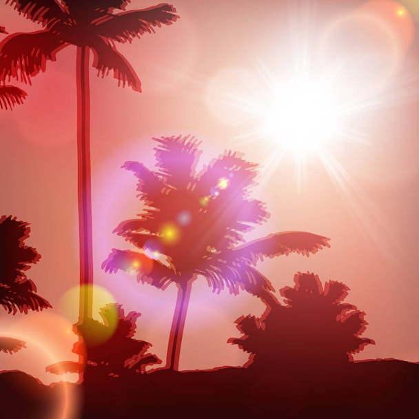 Meer Sonnenuntergang mit Insel und Palmen - Vektor, Bild