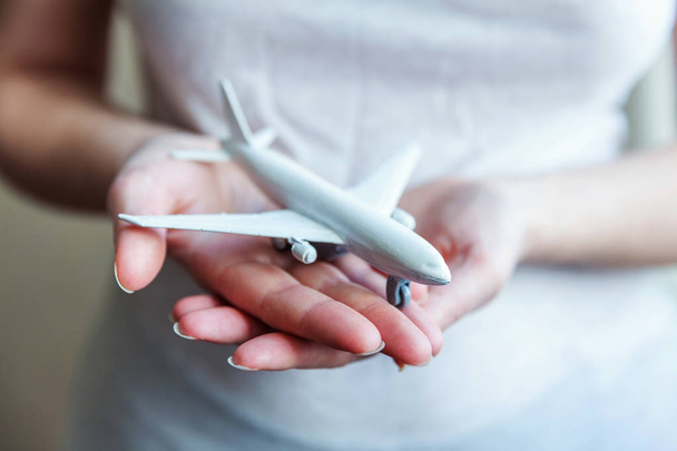 Female woman hands holding small toy model plane - Foto, afbeelding