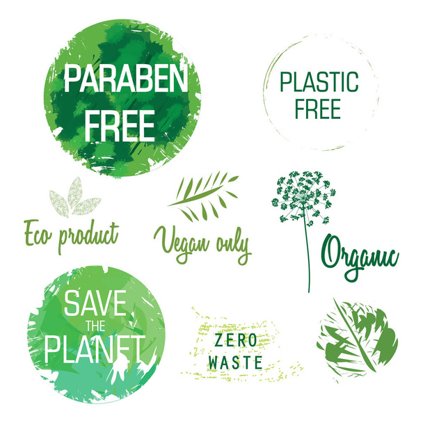 Eko, bio yeşil logo, etiket, işareti vektör kümesi. Organik tasarım şablonu. Yeşil soyut leke simgesiyle kavramı  - Vektör, Görsel