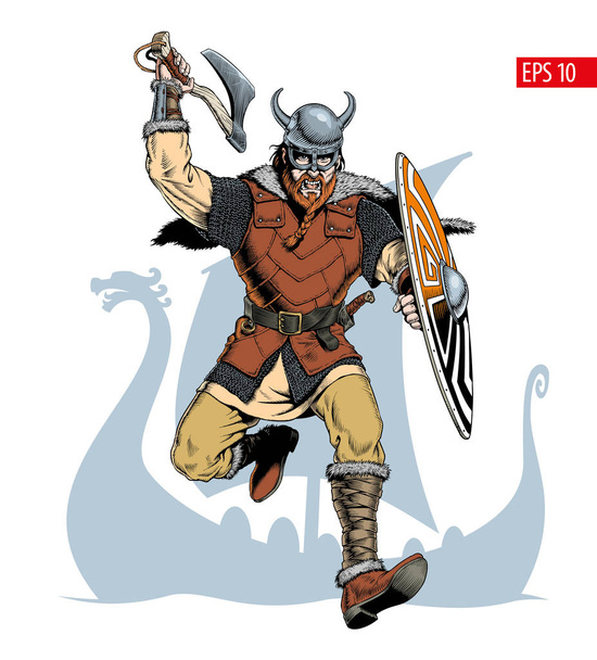 Viking with ax and shield attacks. Vector illustration. - Vector, Image