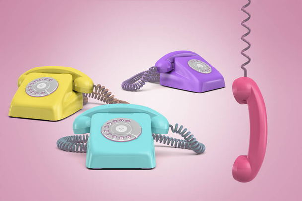 3d rendering of three telephones, purple, yellow and turquois, on a pink background with a pink receiver hanging on its wire. - Фото, зображення