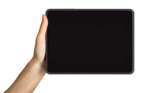 Mock up of black tablet and womens hand, concept of mobile shopping - Photo, image