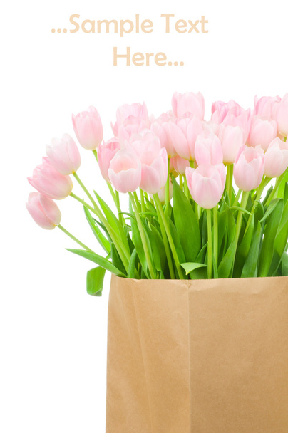 Tulips in paper bag against white background - Photo, Image