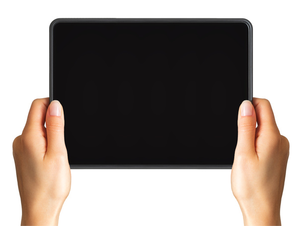 Womens hand showing black tablet, concept of taking photo or selfie - Foto, immagini