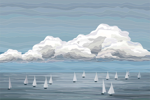 Парусники в иллюстрации морского векторного пейзажа
 - Вектор,изображение