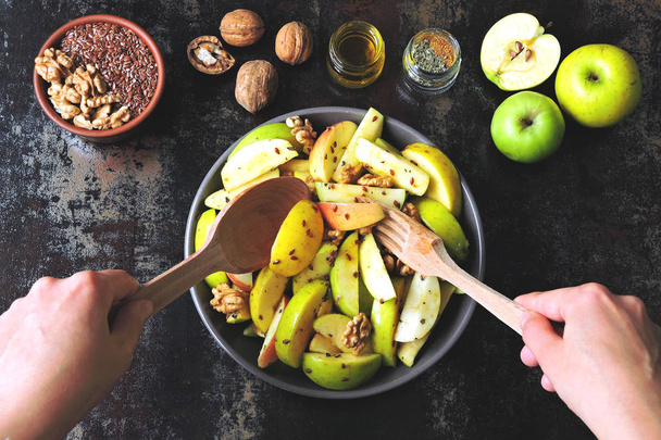 Healthy color vegan salad in a bowl. Apple salad with seeds and spices. eco salad. - Zdjęcie, obraz