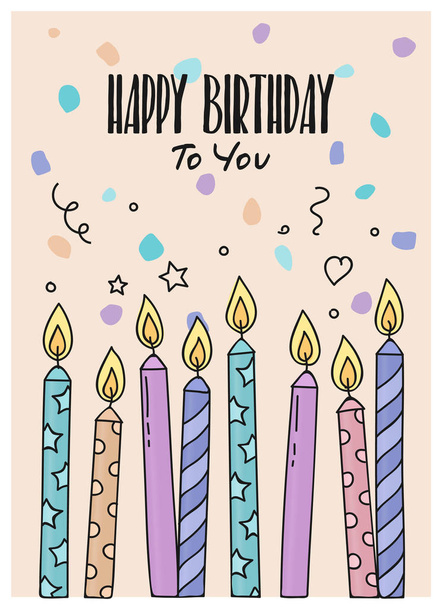Happy Birthday greeting card with burning candles on dotted background. Vector. - Vector, Image
