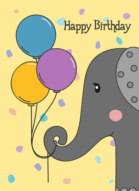 Happy Birthday greeting card with elephant holding three balloons on dotted background. Vector. - Vector, Image