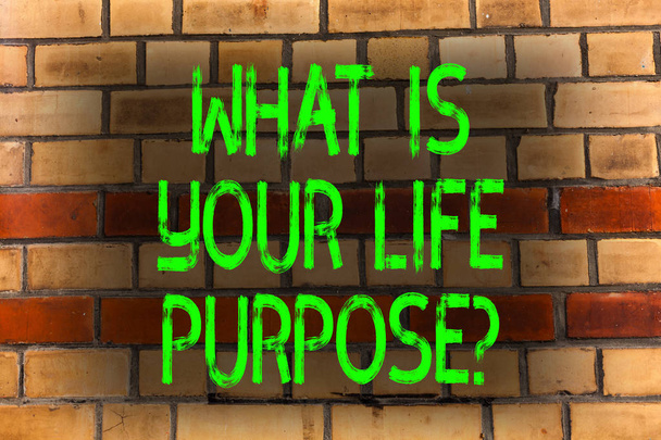 Word metin ne olduğunu Your Life Purposequestion yazma. İş kavramı kişisel belirlenmesi amaçlarına ulaşmak hedefi tuğla duvar sanat Graffiti motivasyonel çağrı duvarda yazılı gibi için. - Fotoğraf, Görsel