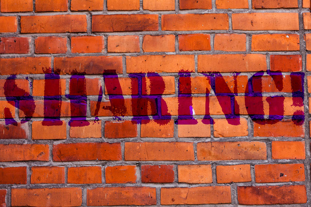 Text sign showing Sharing. Conceptual photo To Share Give a portion of something to another Possess in common Brick Wall art like Graffiti motivational call written on the wall. - Photo, Image