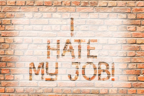 Tekst znaku wskazującym I Hate My Job. Koncepcyjne zdjęcie nienawidzić swojej pozycji nie lubi firmy złe kariery mur sztuka jak Graffiti motywacyjne nazywają napisany na ścianie. - Zdjęcie, obraz