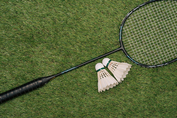 Badminton racket on the green , top view - 写真・画像