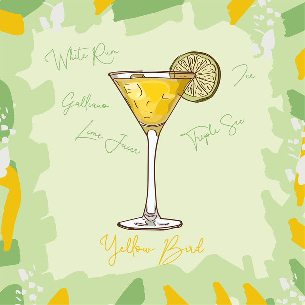 Yellow Bird Contemporary classic cocktail illustration. Alcoholic bar drink hand drawn vector. Pop art - Vector, Image