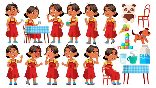 Arab, Muslim Girl Kindergarten Kid Poses Set Vector. Character Playing. Childish. Casual Clothe. For Presentation, Print, Invitation Design. Isolated Cartoon Illustration - Vector, Image